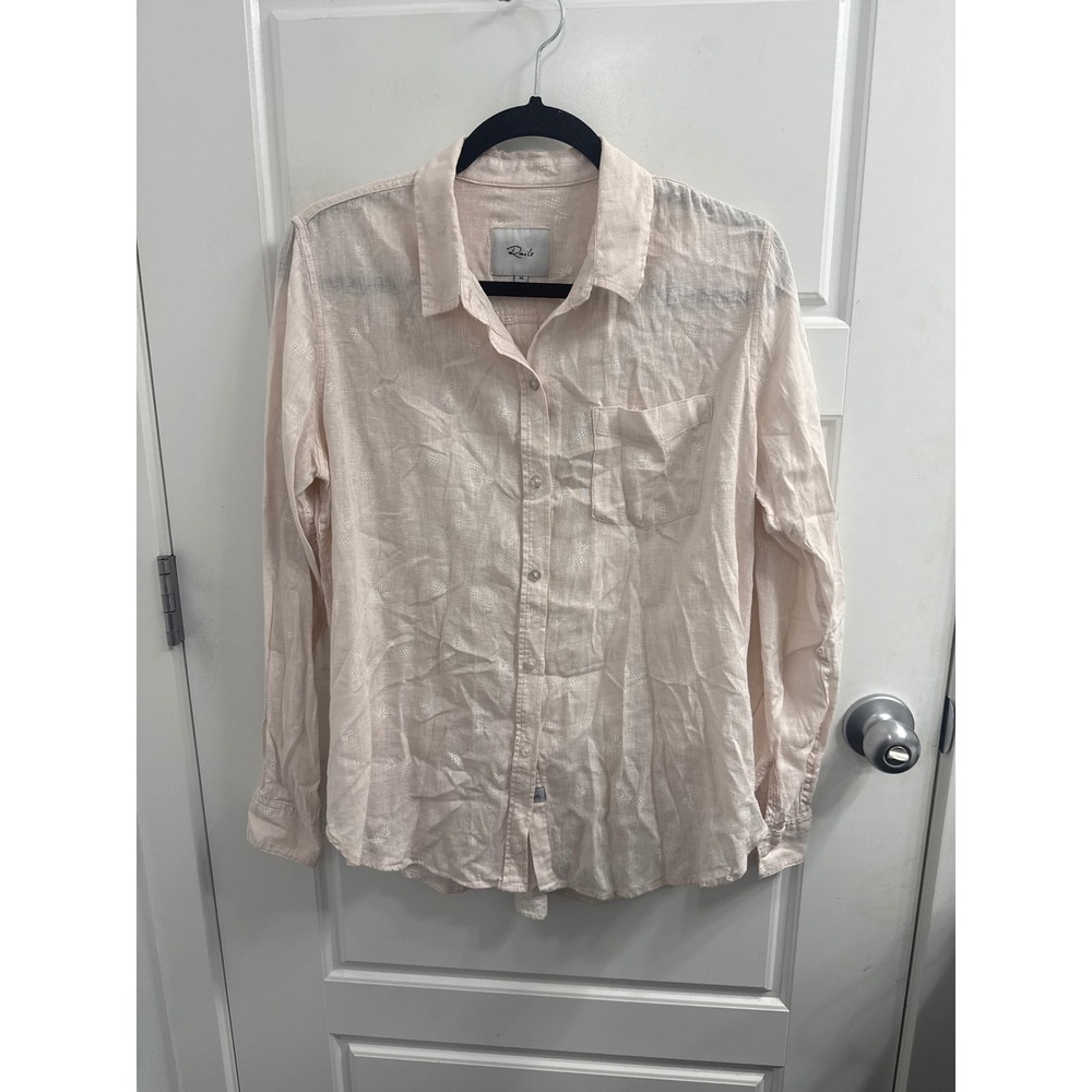 Rails Charli Pink Linen Blend White Pineapple Embroidered Button Down Shirt M
